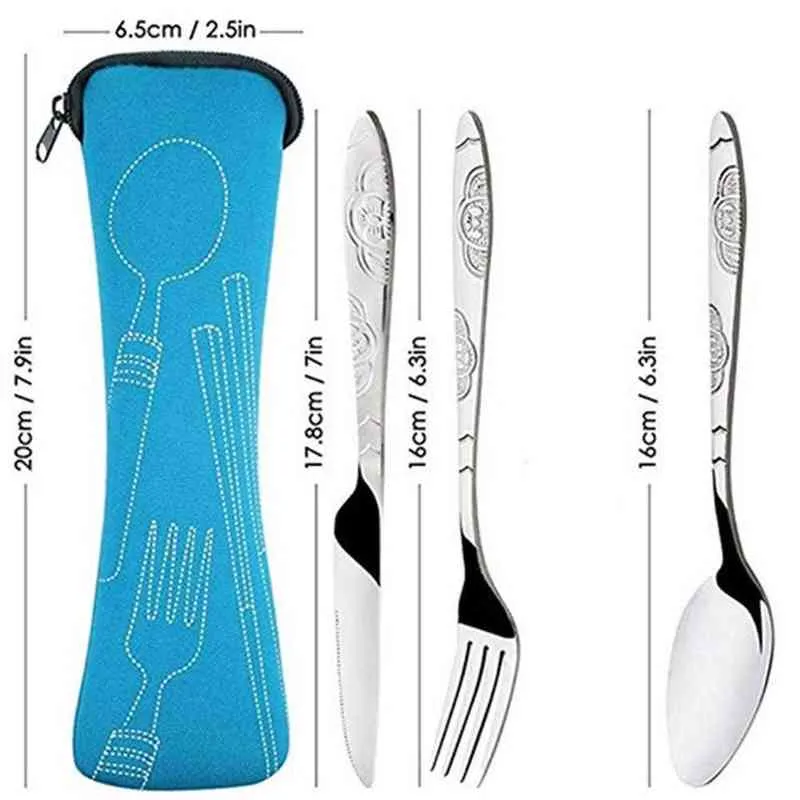 Steel Knifes Fork Spoon Set Family Travel Camping Cutlery Eyeful Four-piece Dinnerware Set with Case Portable Tableware Y220530