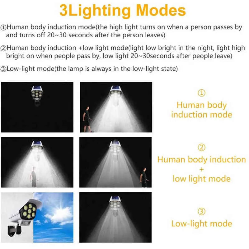 Solar Wall Lights Remote Control Human Body Sensor Waterproof Led Lamp Fake Simulation Monitoring Light Garden Path Street Light J220531