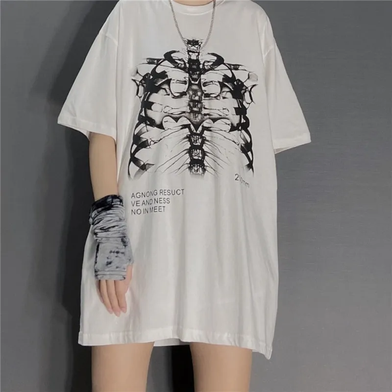 Hiphop zomer korte mouw streetwear dames harajuku thirt skelet print vintage kleding t -shirt punk oversized goth tops tee 220615