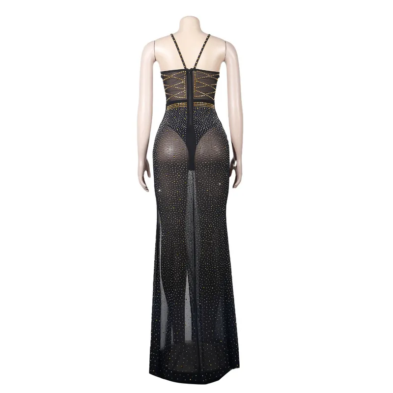 CM.YAYA Dimonds Rhinestones Black Mesh See High Side Split Dress for Women Summer Sexy Night Party Long Mermaid Dresses 220516