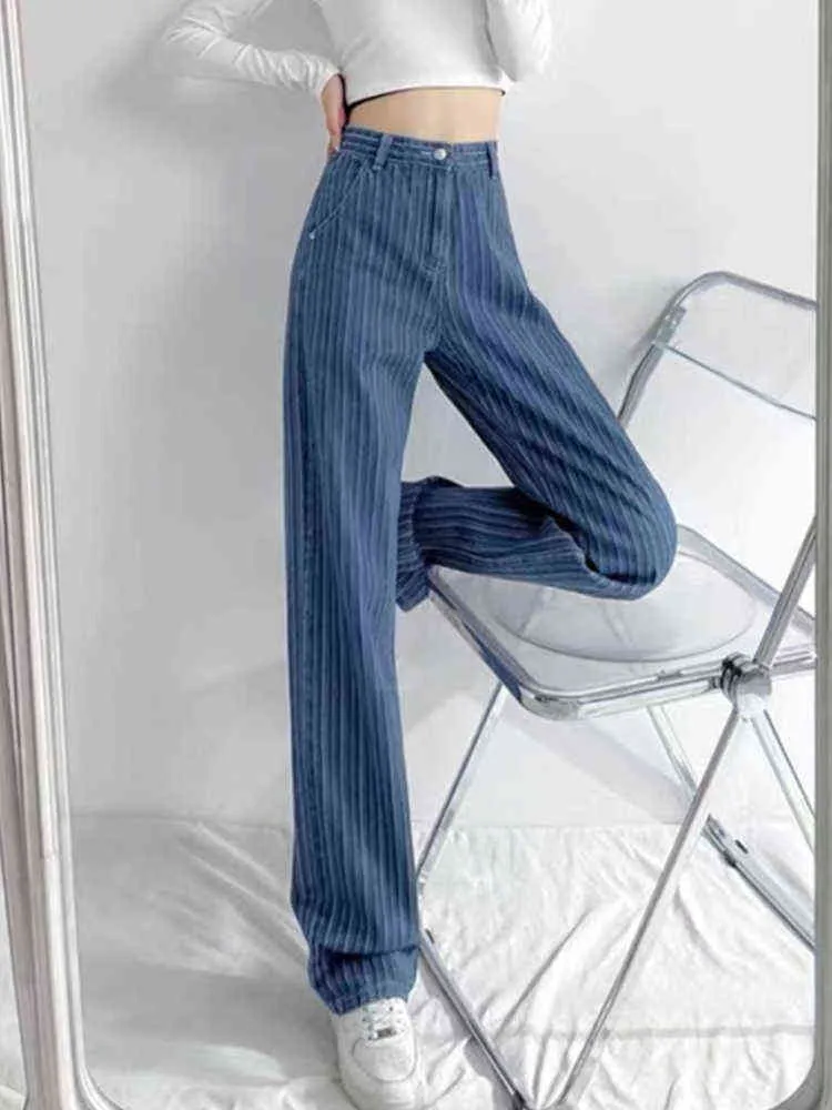 Jeans a vita alta a righe verticali blu Donna Estate American Vibe High Street Ins Tij Pantaloni larghi dritti in denim femminile L220728