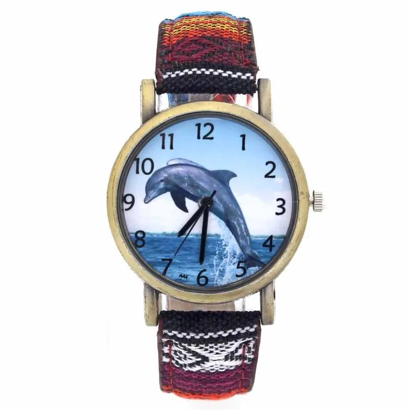 Wristwatches Dolphin Pattern Ocean Aquarium Fish Fashion Casual Men Women Canvas Cloth Strap Sport Analog Quartz Watch229I