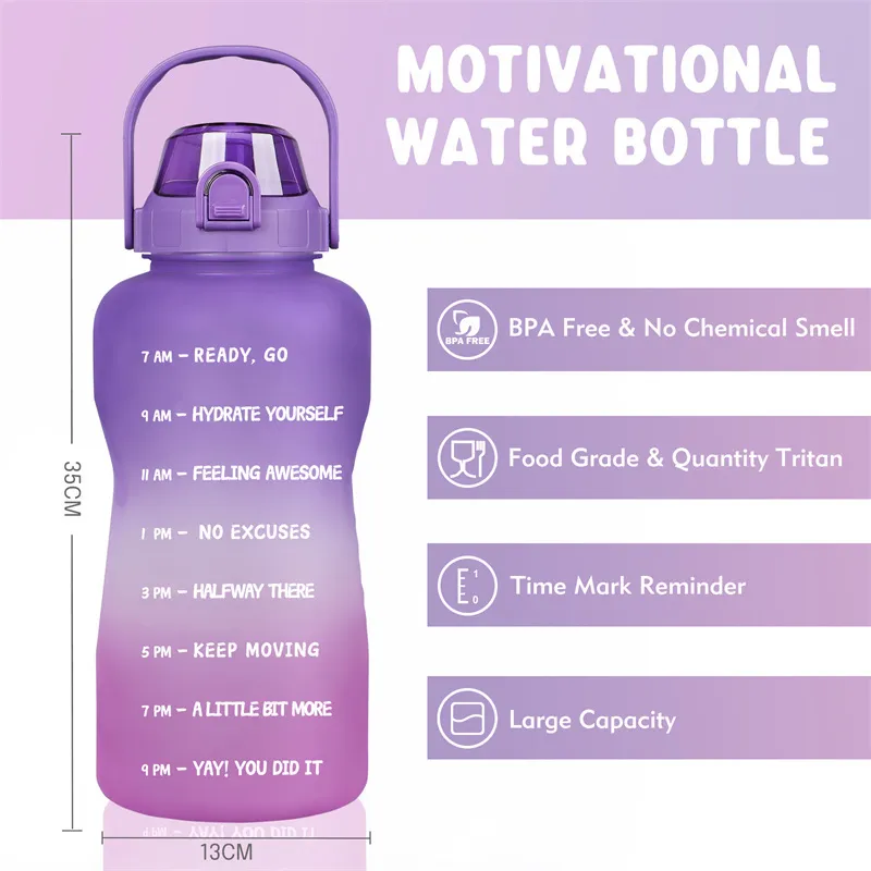 Gallonen-Sportwasserflaschen mit Strohhalm, 3,8 / 2-Liter-Griff, zum Trinken, Tritan, BPA-frei, Motivationszitat, Zeitmarkierung, Fitnesskrüge 220307