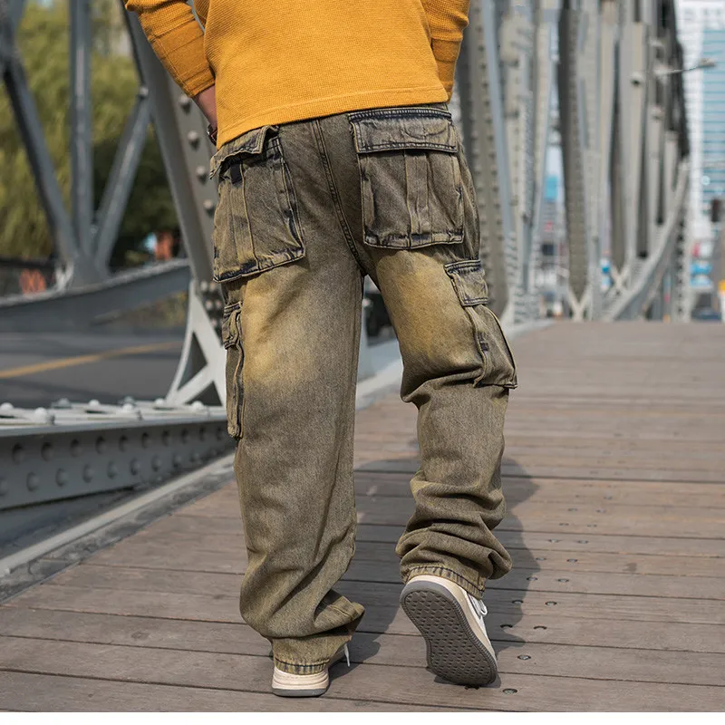 Fashion Tide Trousers Hip Hop Oversized Wide-leg Jeans Men Loose Skate Denim Pants Baggy Pockets Plus Size Light Blue Male Clthing Bottoms