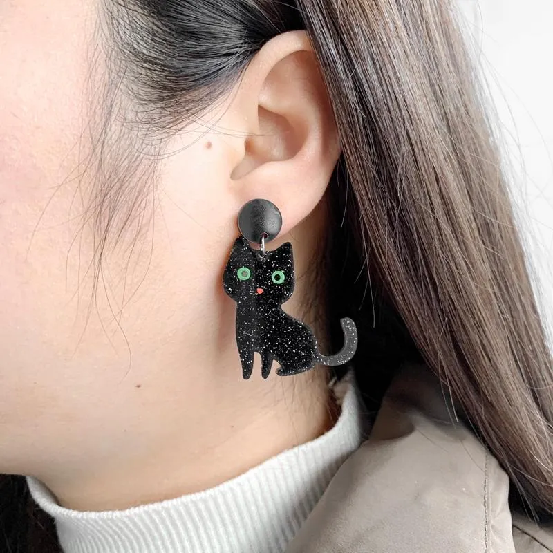 Stud Cute Animal Glitter Black Cat and Skeleton Asymmetric Acrylic Earrings for Women Lovely Kitty Fashion Jewelstud Kirs22209u