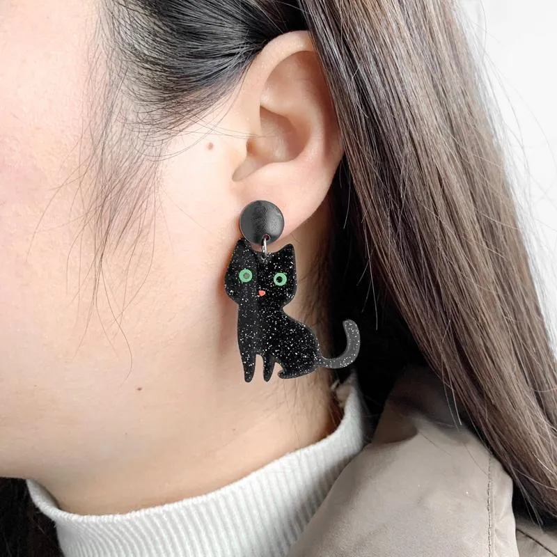 Stud Mignon Animal Glitter Chat Noir Et Squelette Boucles D'oreilles Acryliques Asymétriques Pour Femmes Belle Kitty Bijoux De ModeStud Kirs22263h