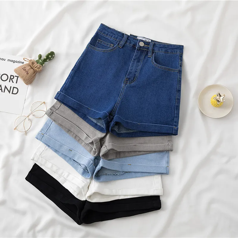 Frauen hoher Taillenknopf Skinny Jeans Sommer Shorts Freizeit übergroß