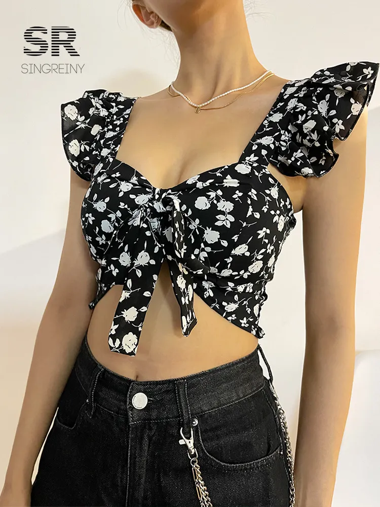 SINGREINY – haut à bretelles florales, col carré, nœud à volants, Camisole courte, mode coréenne, fleur, taille élastique, été, 220611