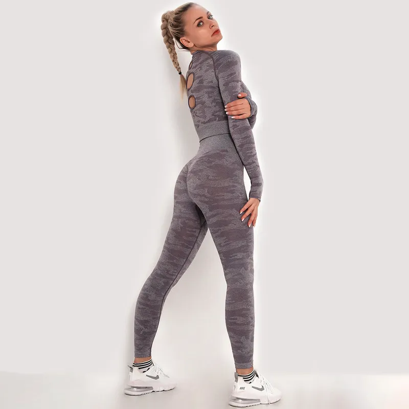 Vrouwen naadloze yoga set lange mouw bovenste taille buik controle sport leggings gym kleding camouflage pak sexy meisjes 220330