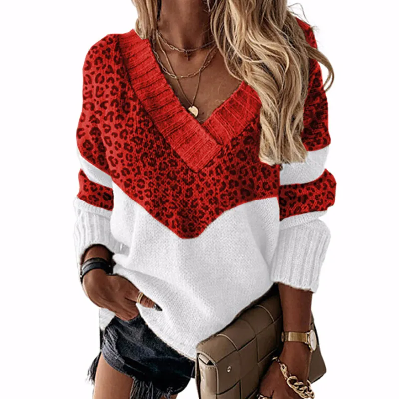 Pull tricoté ample et décontracté pour femmes, col en V, imprimé léopard, Patchwork, manches longues, Streetwear, printemps, automne, 2022