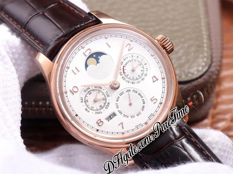 V9F 503302 التقويم الدائم A52610 رجال أوتوماتيكي مشاهدة Rose Gold White Dial Moon Power Power Reserve Brown Leather Super 219V