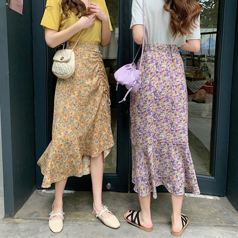 Lucyever Women Floral Highwaisted Skirt Skirt Fashion Stamping Scala Long Skirt Woman Summer Beach Aline Chiffon Skirts 220523