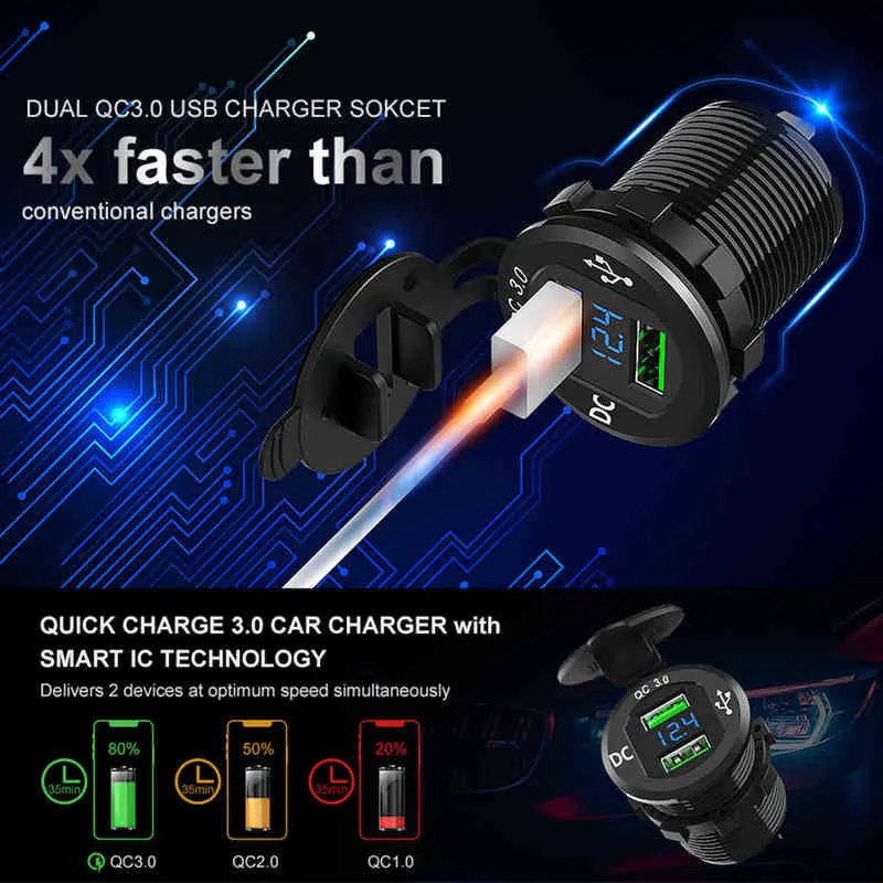 LED 디스플레이 36W QC3.0 자동차 라이터 소켓 플러그 금속 방수 범용 오토바이 트럭 USB 충전기 소켓 H220512