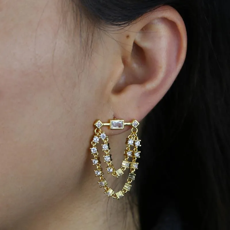 New hoop earring Baguette Stone Paved Multi Piercing Dangling Women Jewelry Prong Set White Clear CZ Link Chain Tassel Drop Earrings
