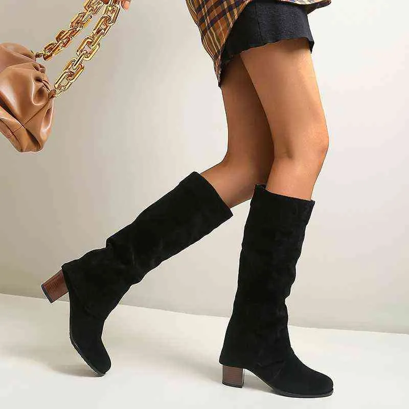Загрузитесь вокруг ноги осенние зимние ботинки уютные высокие каблуки модное западное колено для женщины из искусственной замши густой каблуки длиной 221223