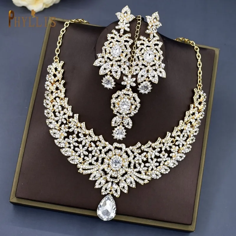 C30 Bruiloft Voorhoofd Ketting Oorbellen Set Dubai Sieraden Set Cadeaus voor Vrouwen Indiase Afrikaanse Bruidshaaraccessoires 220726