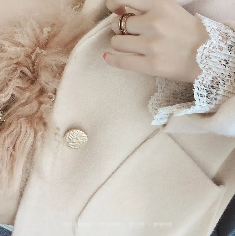 Lã feminina mistura a moda coreana feminina outono de inverno lã casaco damasco rosa