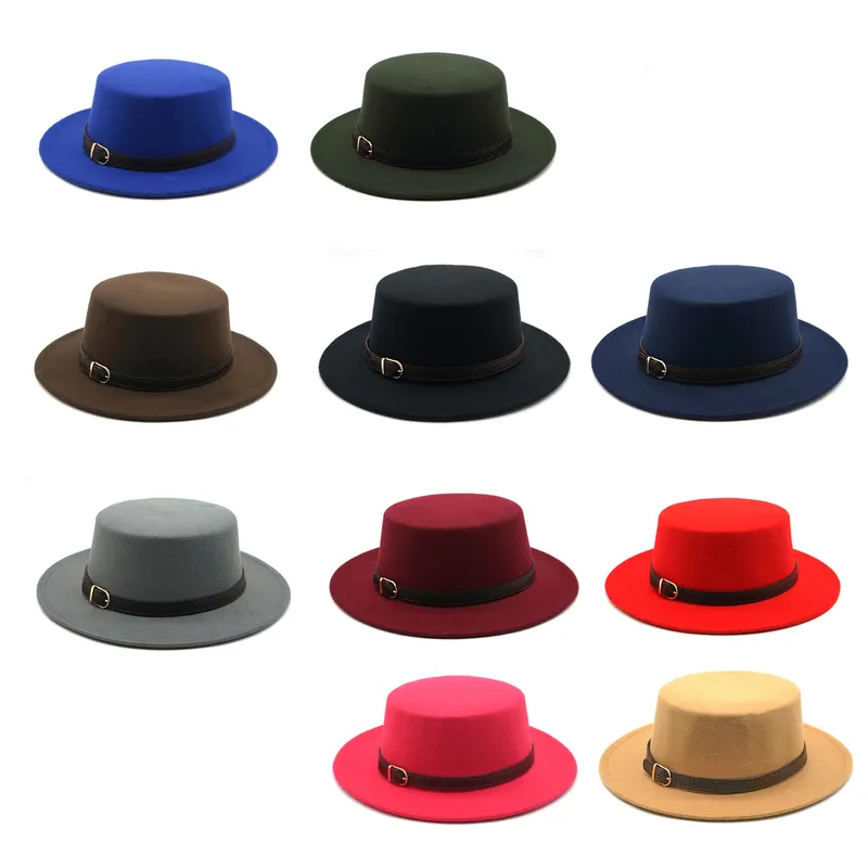 Retro vinterhöstkvinnor män topp hatt imitation ull filt fe hattar bälte spänne dekorerade damer båt hatt platt grim 220727