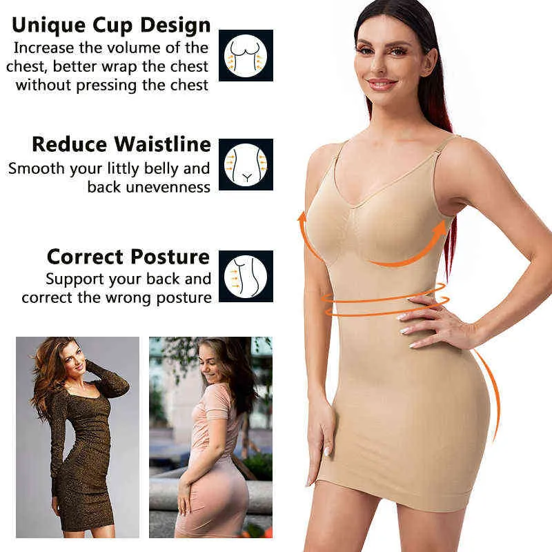 Kobiety odchudzające kształt bielizny Pasek Kontrola Seksowne głębokie V Neck Up Up Up Sukierek Body Shaper Spaghetti Traist Trainer Lingerie L220802