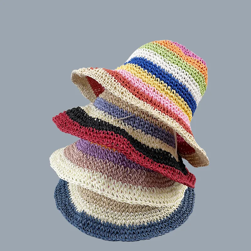 صيف القش هيت قبعة القبعة للسيدات البانما قابلة للطي قبعة أشعة الشمس قبعة بوهو ملون خطوط الصيد قبعة العطلات قبعة الشاطئ 220525