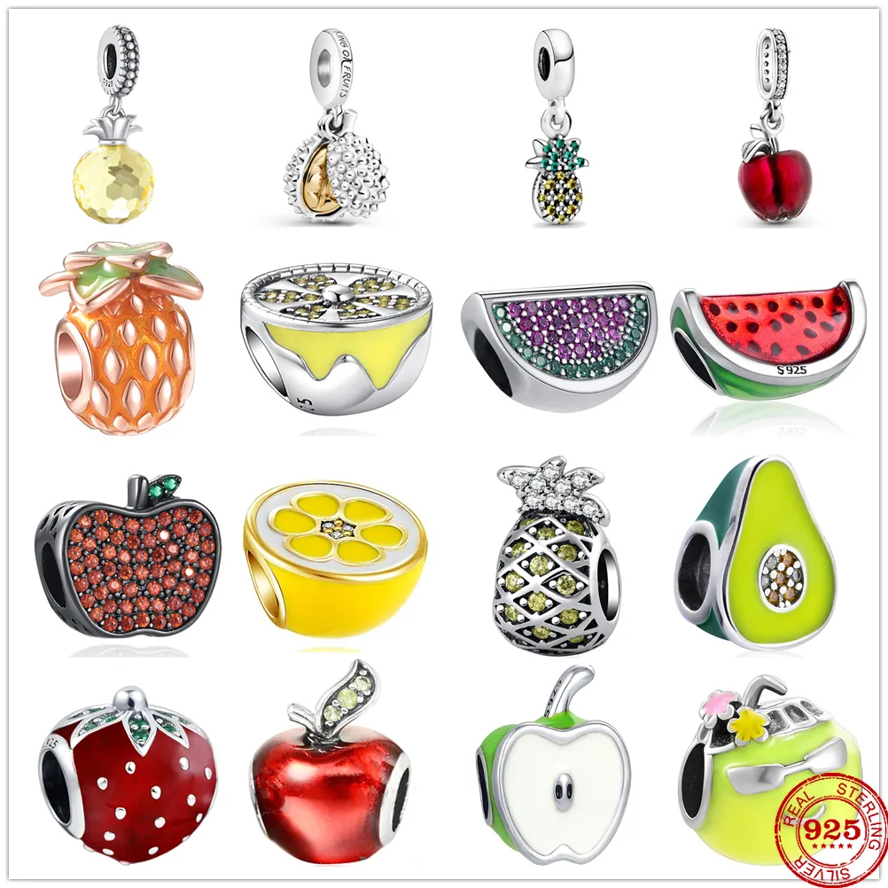  925 Plata Fit Pandora Charm 925 Pulsera Fruta Limón Apple charms set Colgante DIY Joyería de cuentas finas