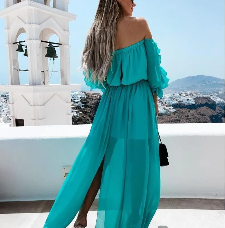 Yiiciovy Sexy Women Beach Chiffon Dress Bikini CoverUps Long Sleeve Ruffles Off Shoulder High Waist Split Sundress CoverUps 220527