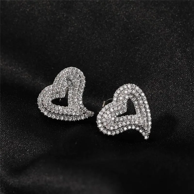 Charming Men Women Stud Earrings Yellow White Gold Plated Bling CZ Heart Earrings Studs Jewelry Nice Gift