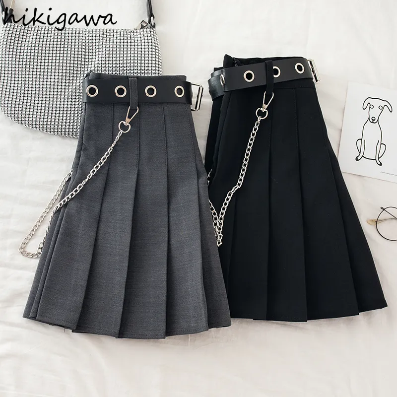 Hikigawa Y2K Skirt for Women Japan Faldas Mujer Moda A Line Mini Skirts Female Chain High Waist Gothic Clothes 220324