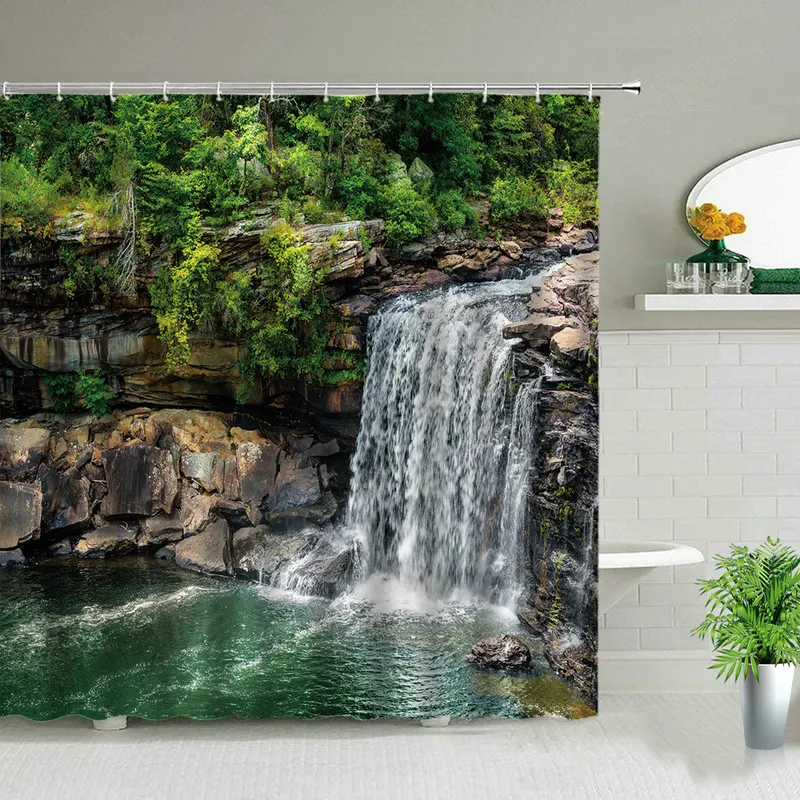 3d Waterproof Shower Curtains Waterfall Forest Spring Scenery Polyester Fabric Home Bathroom Curtain Washable Decor Bath Curtain 220517