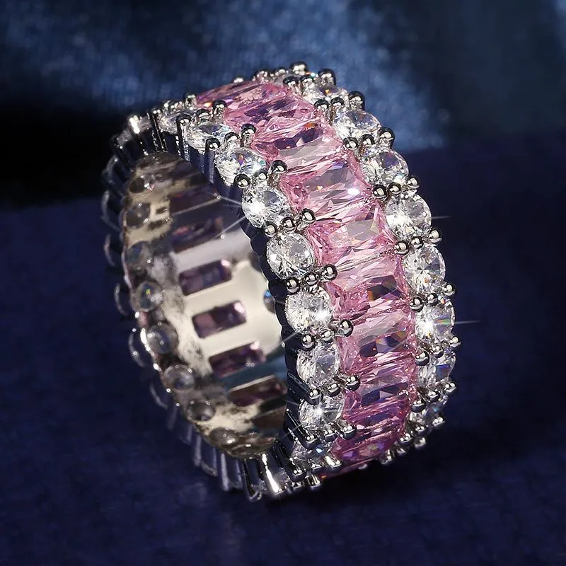 Cluster anéis eternidade rosa safira diamante anel 925 prata esterlina bijou noivado casamento banda para mulheres nupcial festa fina je238s