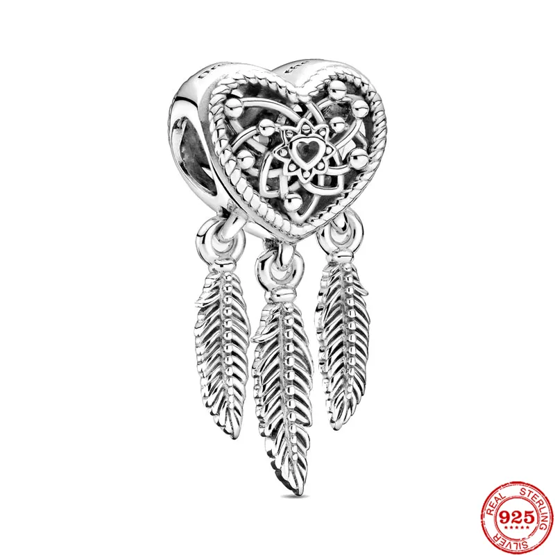 Abalorio colgante de Plata de Ley 925, cuentas de atrapasueños de tres plumas, compatible con pulsera Pandora, accesorios de joyería DIY