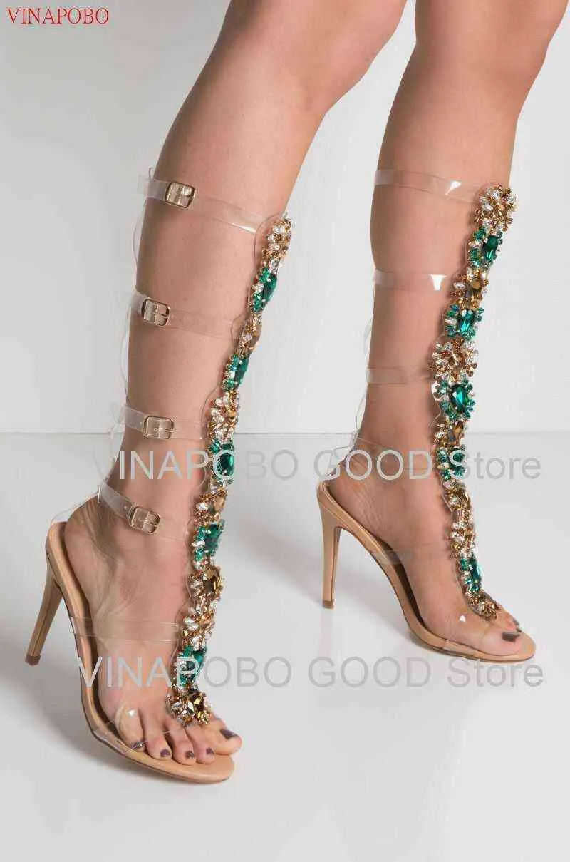 Przezroczyste PCV przezroczyste super wysokie sandały Kobieta kolan krążkowy gladiator buty bohemia w stylu kryształowe buty plażowe220513