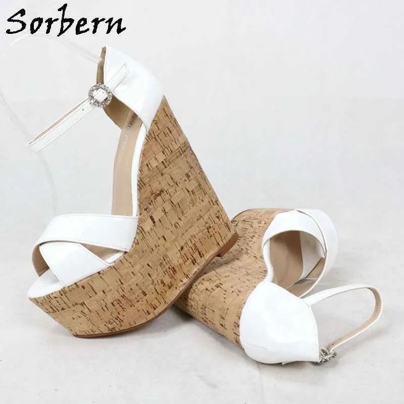 Sorbern blanc brevet sandales compensées à talons hauts femmes chaussures d'été plates-formes talons fétiches talon couvert couleurs personnalisées