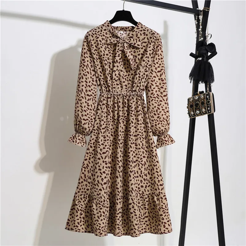 Floral Print Women Dress Female Autumn Long Sleeve Vintage Chiffon Bow Tie Neck Office Lady Shirt Dress Summer Vestidos 220513