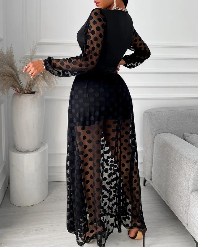 Roupas femininas Primavera Polkadot Impressão Envoltório de Manga Longa Maxi Vestido Ver através de Party Wedding Formal Elegant Boho V Pescoço 220316