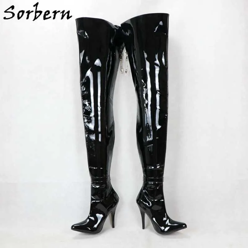 Sorbern Unisex 12Cm High Heel Boots Women Lockable Zipper Back Stilettos Mid Thigh High Boot Hard Shaft Ankle Strap Pointed Toe