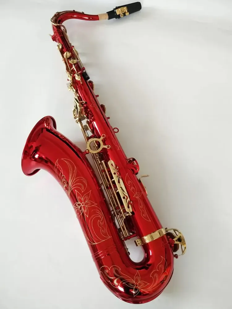 Red B-Key Professional Tenor Saxophone Brass Graving Grovalted Pattern Professional Conten Tone Toneor Sax Jazz Instrument