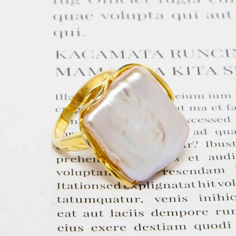 Baroqueonly naturlig sötvatten barock pärla 14k anteckningar guld retro stil oregelbunden formad fyrkantig ring rfb