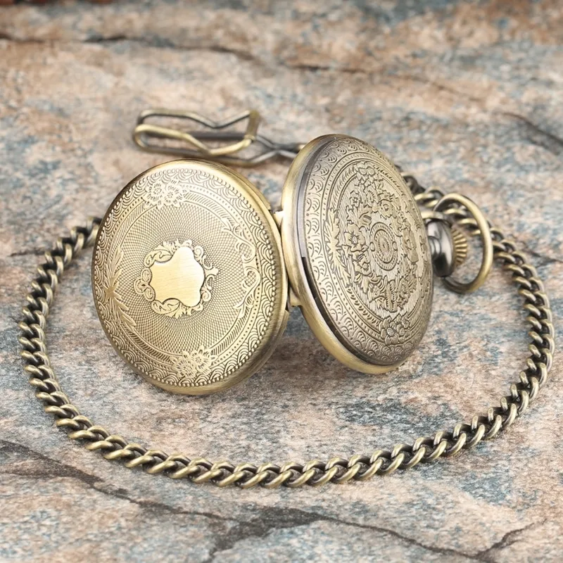 Creative Bronze / Silver / Gold Delated Scarved Shield Quartz Pocket Watch Analog Floral Rattan Pocketwatch Reloj de Madera 220701
