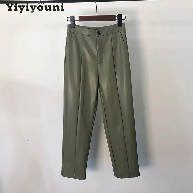 Yiyiyouni High Waisted PU Leather Pant Casual Zipper-Up Straight Trousers Black White Pockets Female 220325