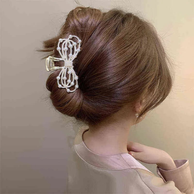 Exquisite Bow Pearl Full Diamond Clip Elegant Grip Hair Clip For Women Daily Wear Jewelry Gifts Hair Accessories For Women T2208081374107