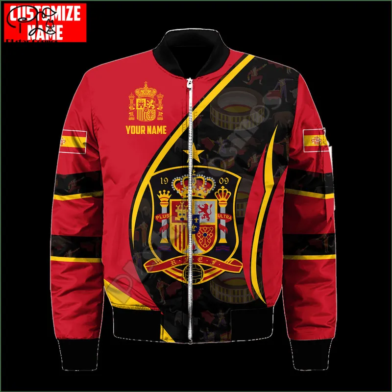 PLSTAR COSMOS Espanha Emblema nacional e bandeira 3D Homens de bombardeiro imprimido Jaqueta Bomber Hip Hop Unissex Casual Windbreaker Drop S22 220708