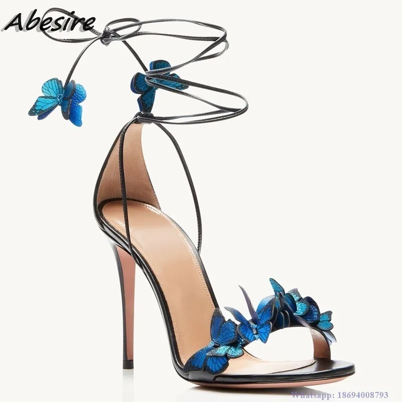 Abesire Women's Sandals Butterfly Decoration Blue Lace Up High Heels Summer Shoes For Women Fashion Stilettos zapatos mujer 220516