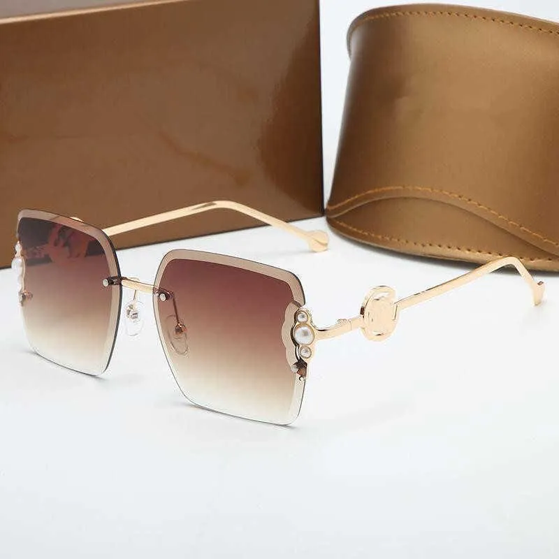 Yaz moda kadın güneş gözlükleri tasarımcı kare çerçevesiz sanat inci süslemeli altın metal tapınaklar premium doku basit ve ELE337J