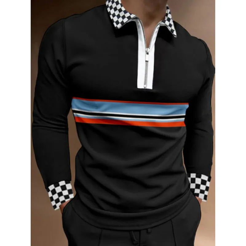 Herfst Mannen Polo Shirts Casual Mode Lange Mouwen Plaid Schuimende Afdrukken Polo's Turn-Down Kraag Zippers Tees Heren U.S Big Size 220408