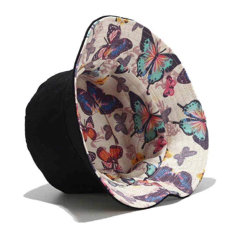 Chapeau de plage coton seau chapeaux femmes papillon imprimé crème solaire Panama chapeau Sunbonnet extérieur Double face unisexe pêcheur chapeau G220418