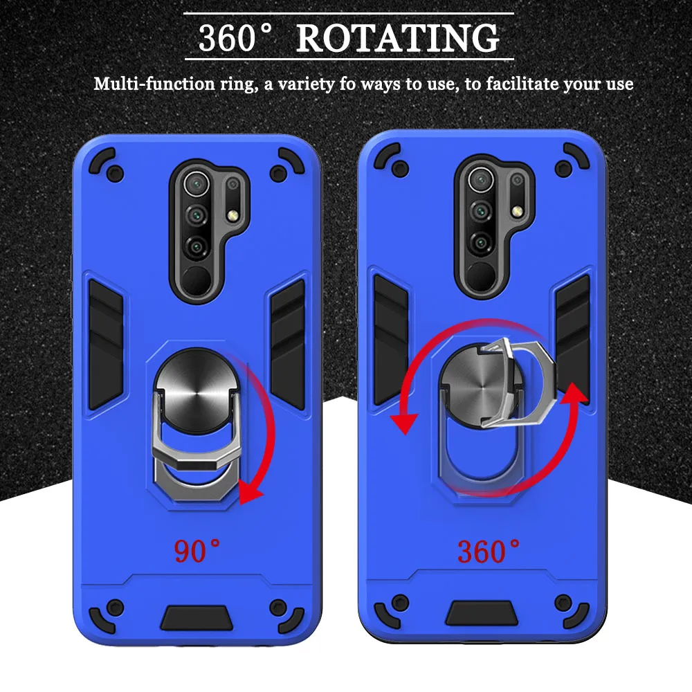 Shockside Armor Fodral för Xiaomi RedMi 9 9A 9C Magnetisk metallring Support Mjuk TPU-ram Hård PC Back skyddskåpa