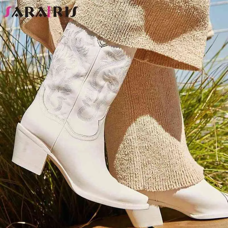 Sarairis Big Size 43 New Brand Women Western Boots Embroidery chunky High Heels Platform FlATTY FASHING RETRO ROME COWBOY BOOTS Y220707