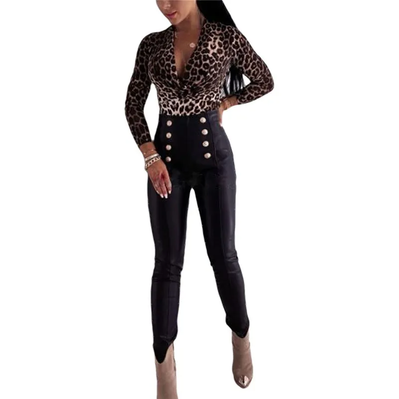 Tuta da donna sexy con stampa leopardata Top Autunno Donna con scollo a V Manica lunga aderente Clubwear Tute skinny Tute 220801