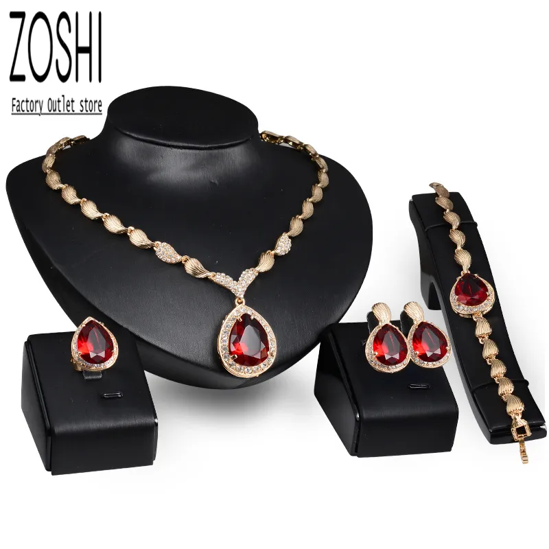 Ensemble de bijoux pour femmes fête de mariage goutte d'eau rouge CZ cristal collier boucles d'oreilles Bracelet anneau indien plaqué or 220812